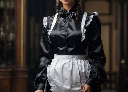PhotoReal_A_full_body_shot_of_a_victorian_maid_dressed_in_a_bl_0